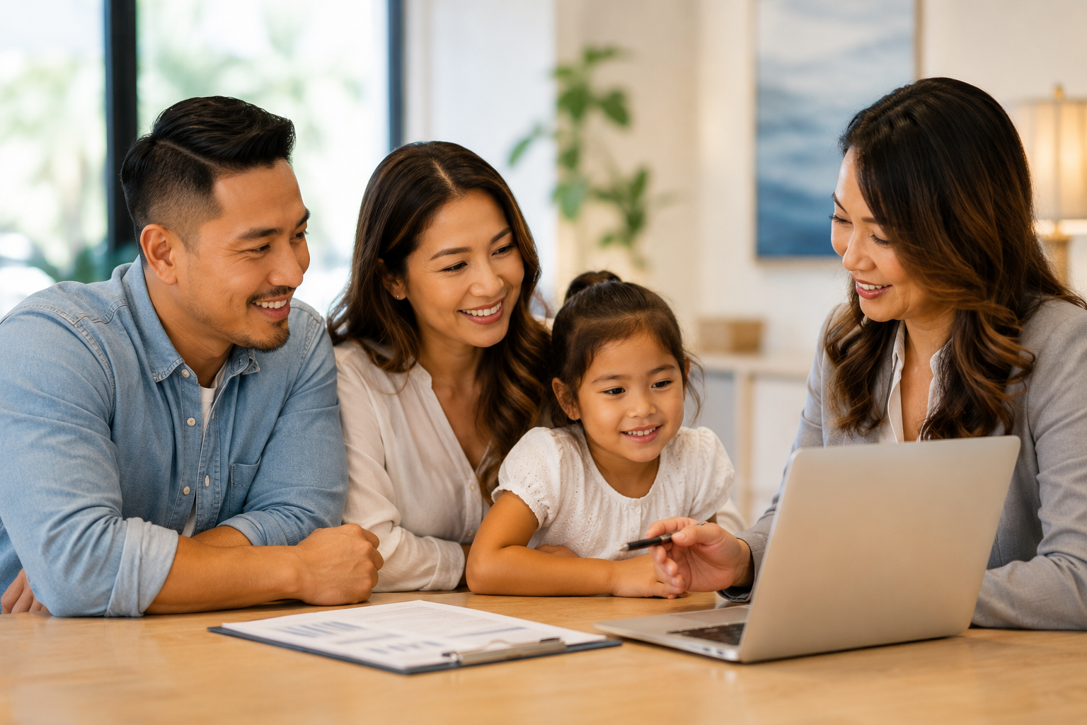 An agent helping a family choose a health plan